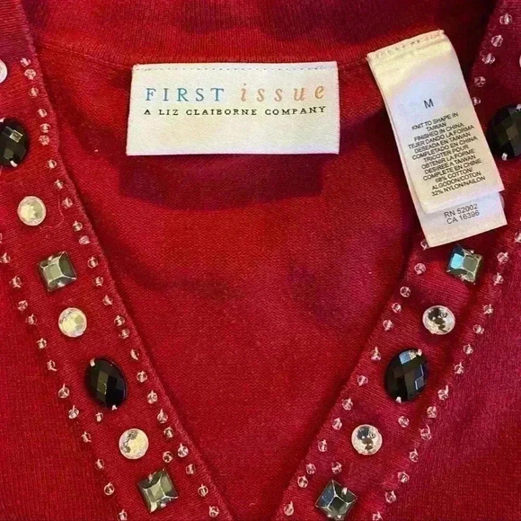 First Issue by Liz Claiborne v-neck beaded sweater women M red - Picture 7 of 7